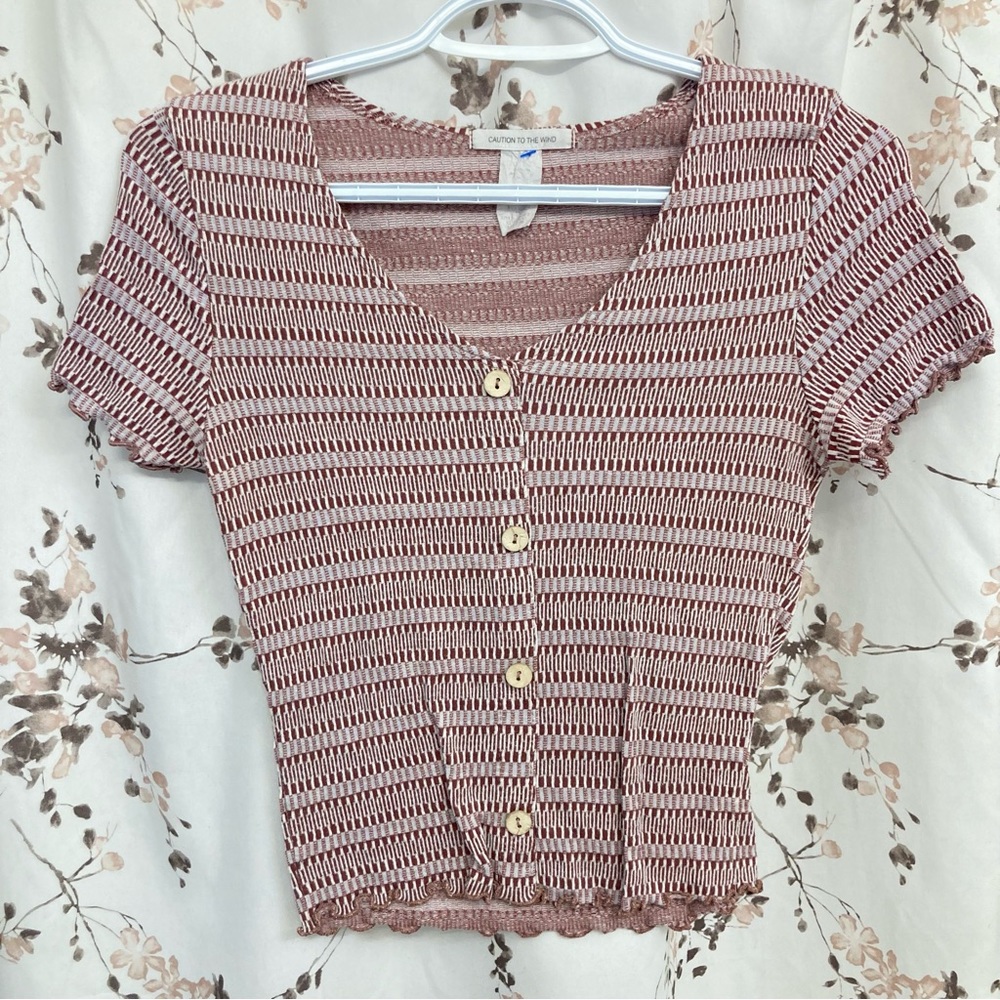Caution to the Wind striped fitted buttoned pink and white crop top women sz S